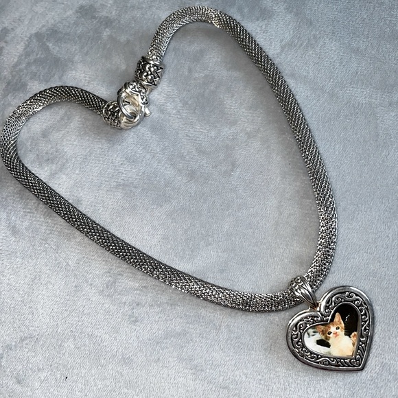 Jewelry - Big and Bold Tubular Silvertone Heart Charm Choker Statement Necklace w/ Picture